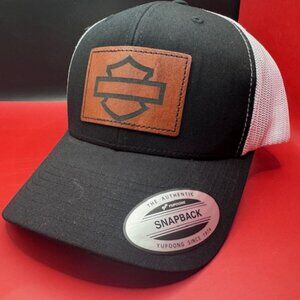 Harley Davidson Laser Engraved Leather Patch Badge Truckers Hat